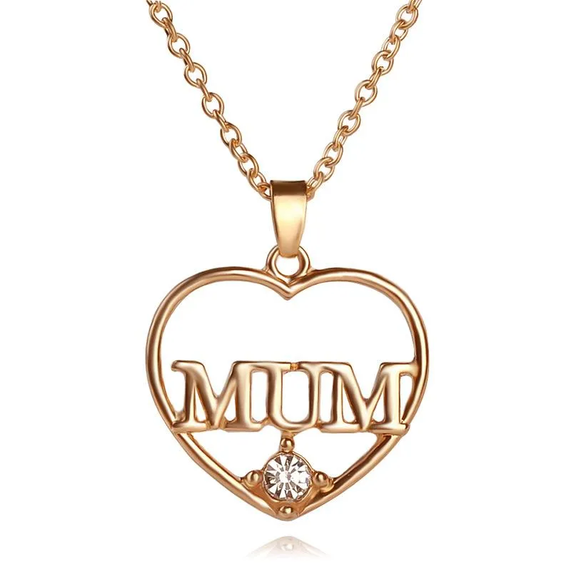 Dzień matki prezent biżuteria naszyjnik - Hollow Heart with Mon Crystal Stone Round Wisiorek Naszyjnik Miłość "Mama"