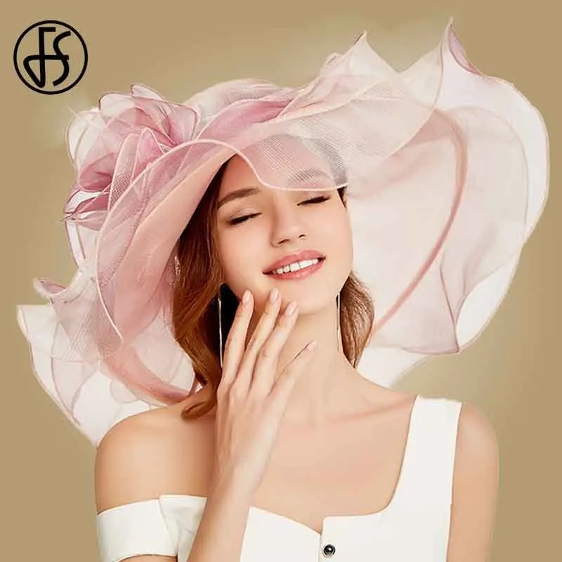 FS 2019 Pink Kentucky Derby Hat for Women Organza Sun Hats Flowers Elegant Summer Stora Wide Brim Ladies Wedding Church Fedoras Y2293Q