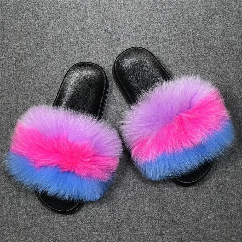 Mode zomer kinderen bont slippers tiener meisje harige echte bont flip flops platte kinderen regenboog schoenen meisjes sandalen maat 36 45
