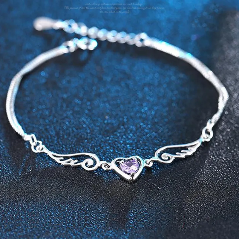 925 Sterling Silver Bangle Armband Angel Wings Love Heart Med Kristaller För Kvinna Charm Armband Wholesale Fine Smycken