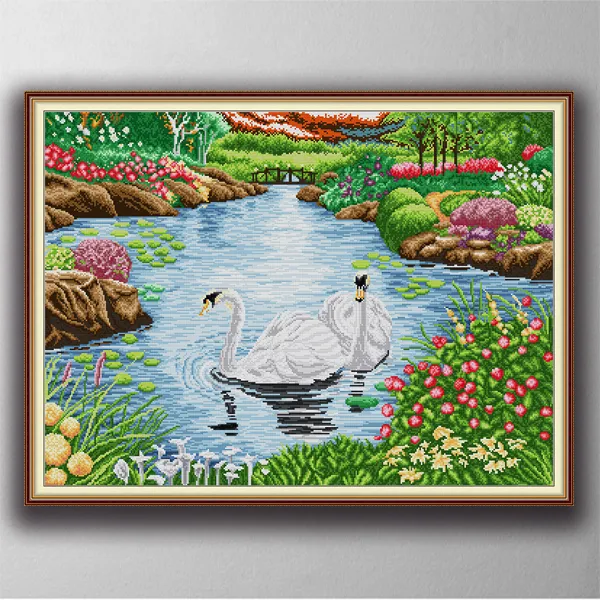 2 łabędź jezioro handmade Cross Stitch Craft Narzędzia Hafty Ulotki Zestawy Liczba druku na płótnie DMC 14CT / 11CT