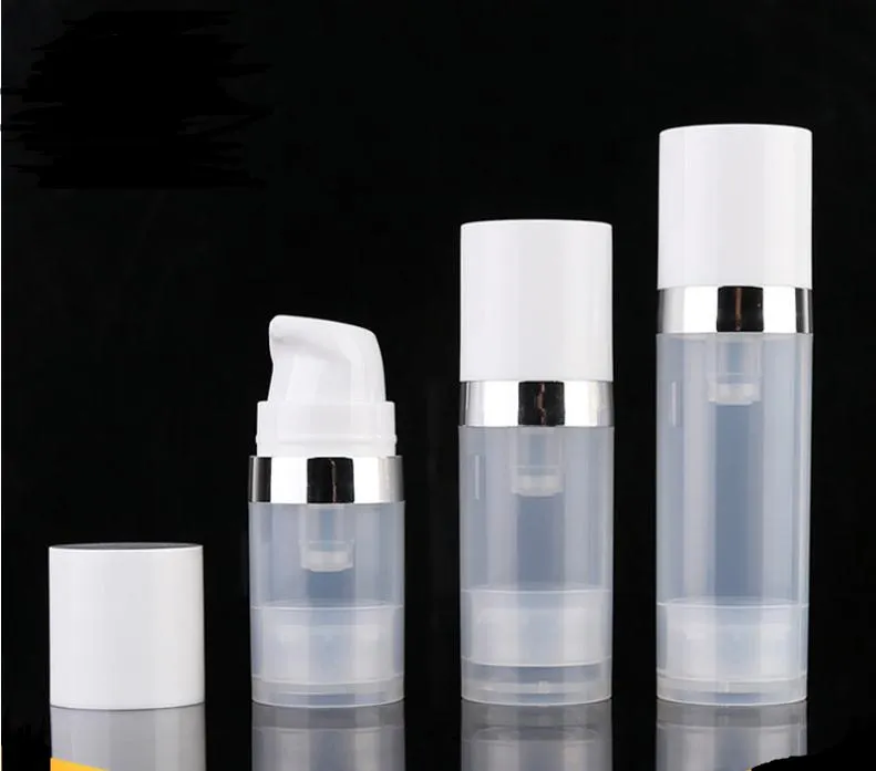 Lege 5 ml 10 ml 15 ml airless flessen helder airless vacuüm pomp lotion fles met zilveren lijn cosmetische verpakking SN1306