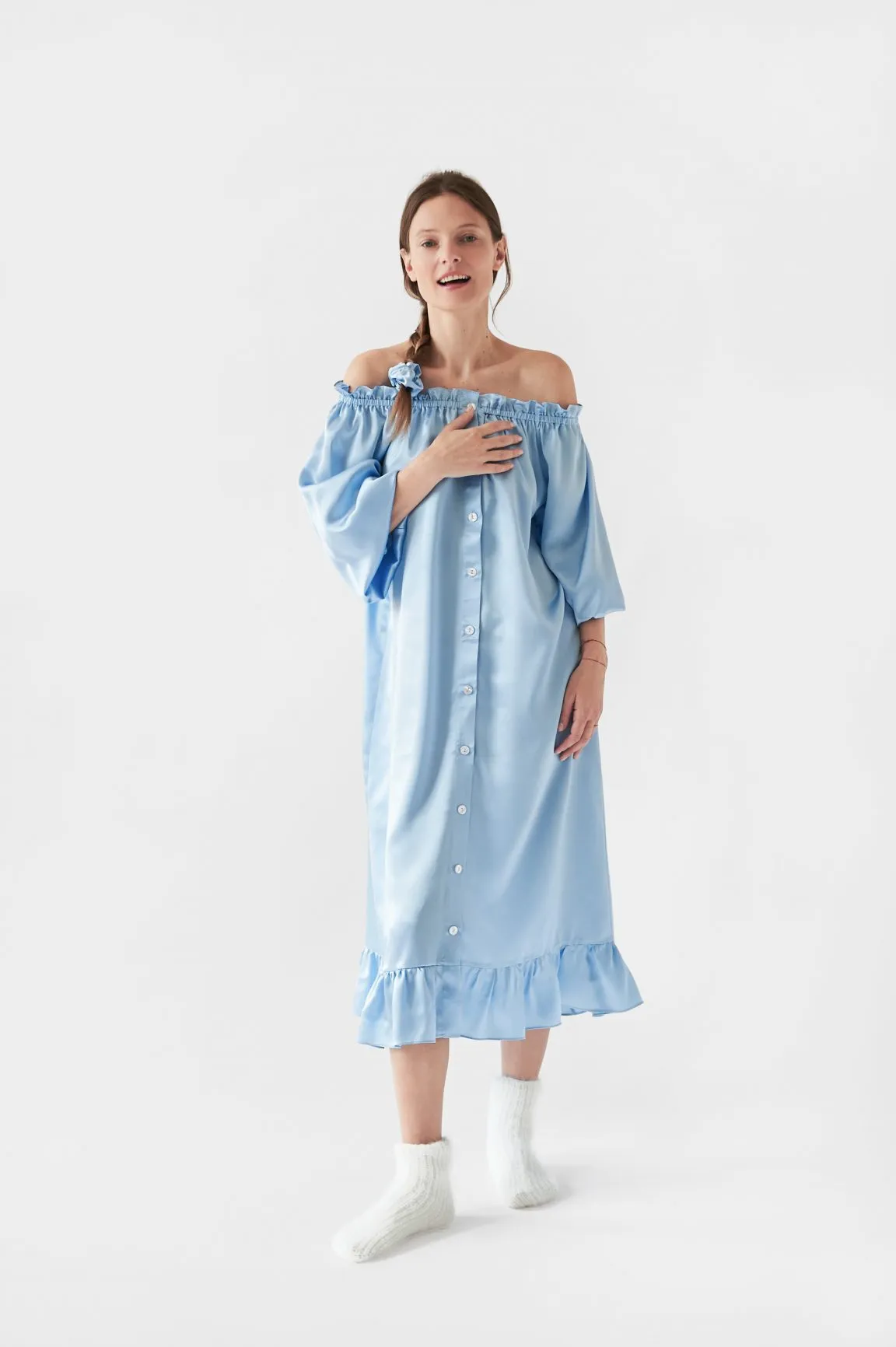 blue satin dressing gown Aqua Blue Satin Robe – Long Kimono Sleeve Luxury Dressing Gown XXL / Aqua Blue main image 0