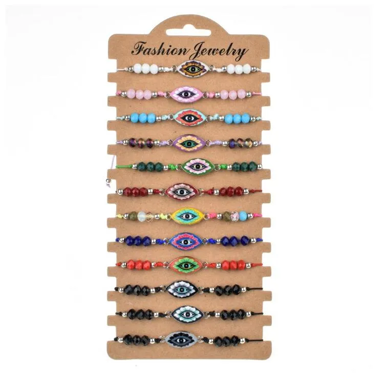 12 stks / set Mode Emaille Fatima Hand Verstelbare Armbanden Vrouwen Mannen Evil Oog Crystal Kralen Vriendschap Armband Charms Sieraden GD412