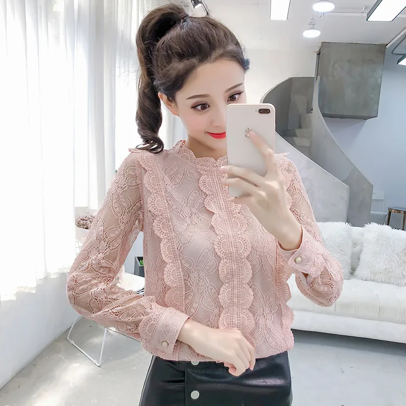 Lace Top Women's Long-Sleeved Solid Shirts Koreanska Fashion Office Lady Blouses Hollow Out Business Kvinna Vårskjorta och Blus