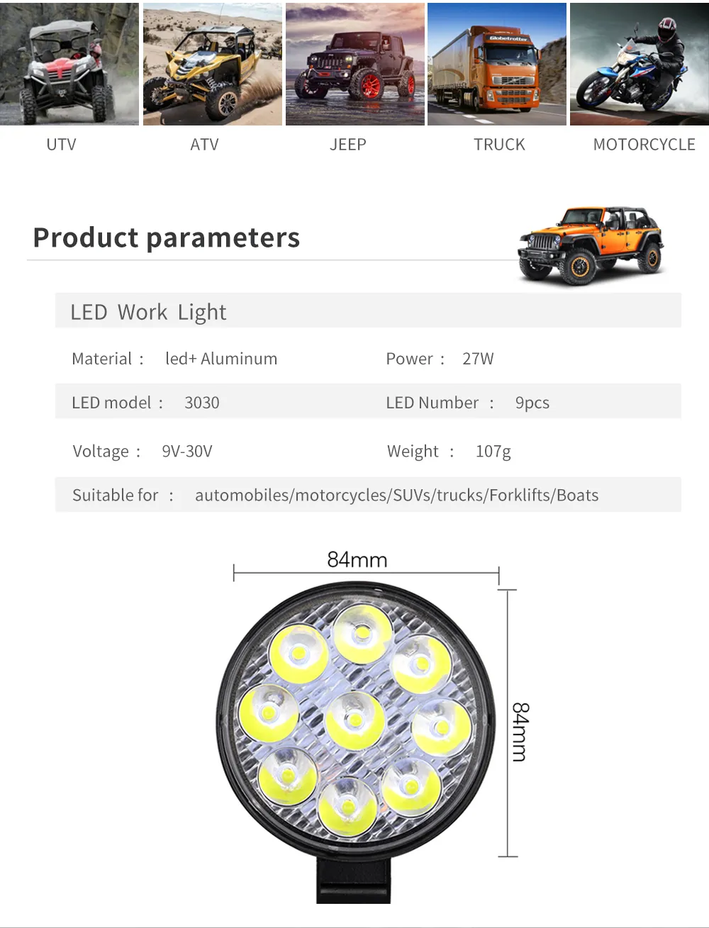 DXZ Round shape Led Work Light Bar 27W Driving Pods Spot Beam Work Lamp for Off-Road Suv Boat 4X4 Jeep JK 4Wd Truck 12V-24V