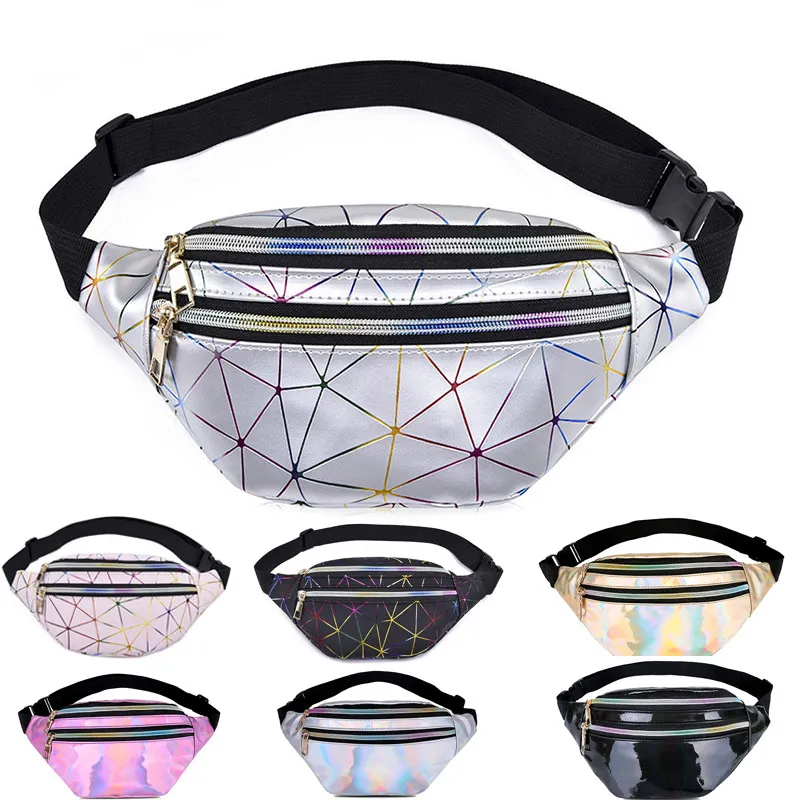 Sacs de taille holographiques pour femmes, sac banane argenté, sac de ceinture noir géométrique, pochette de poitrine Laser pour téléphone, sac de voyage de Sport