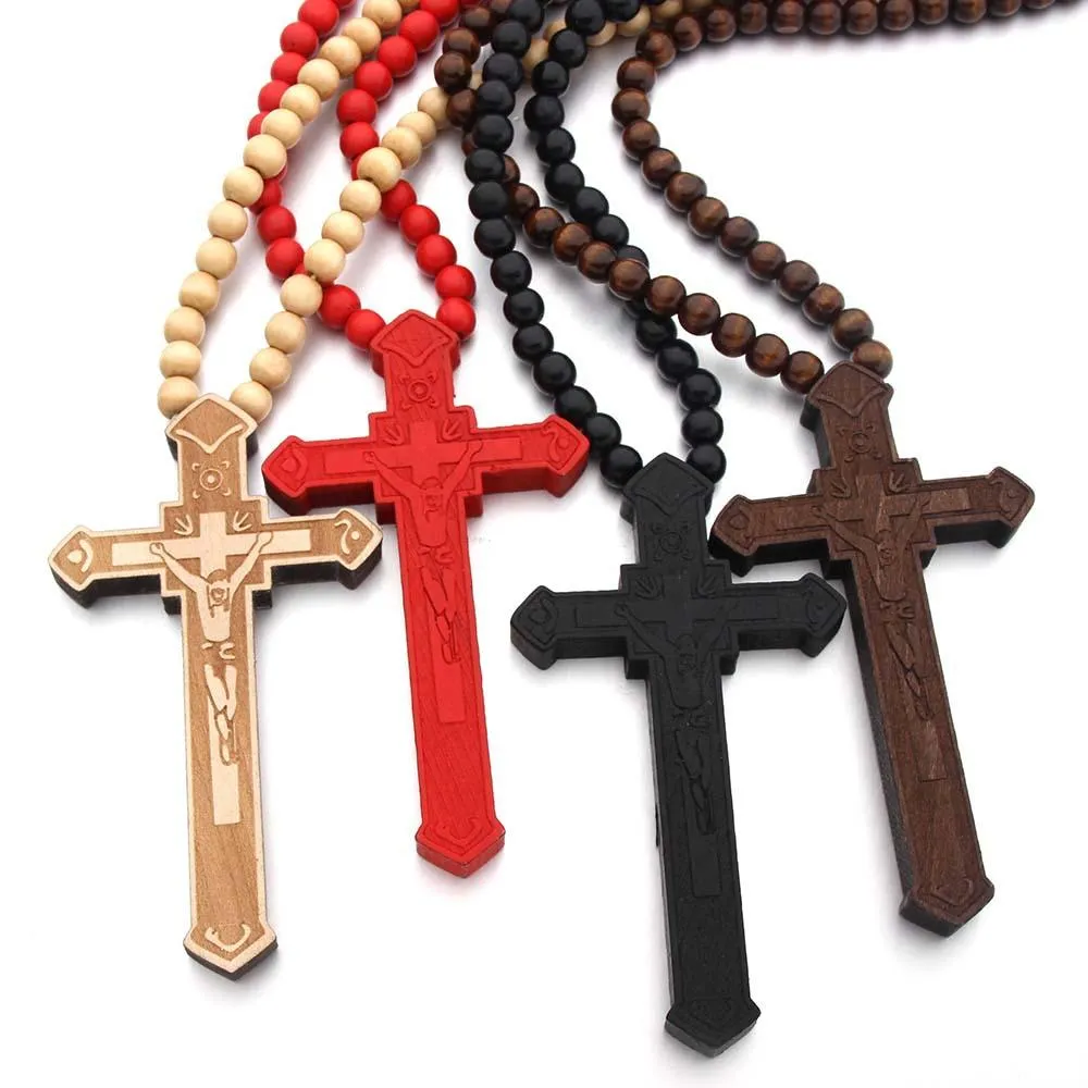 Hip Hop 4Colors Cross Wood Necklace Round Wood Beaded Choker Chain Printed Grain Charm Pendant Clavicle Chain Women Men Smycken Gåvor