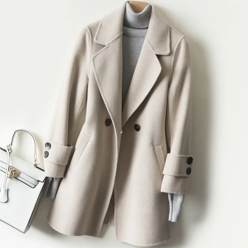 Женская шерстяная смесь двухсторонних кашемировых пальто средней длины женщин зима