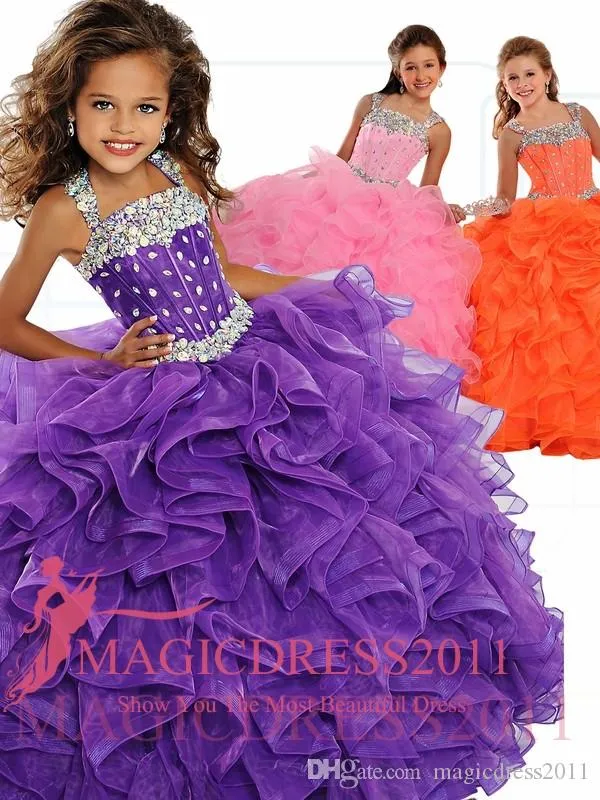 2021 Ritzee Girl's Pagant Klänningar Beaded Ruffles Tulle Boll Gola Golv Längd Rosa Lila Orange Flower Girl Dresses Quinceanera Klänning