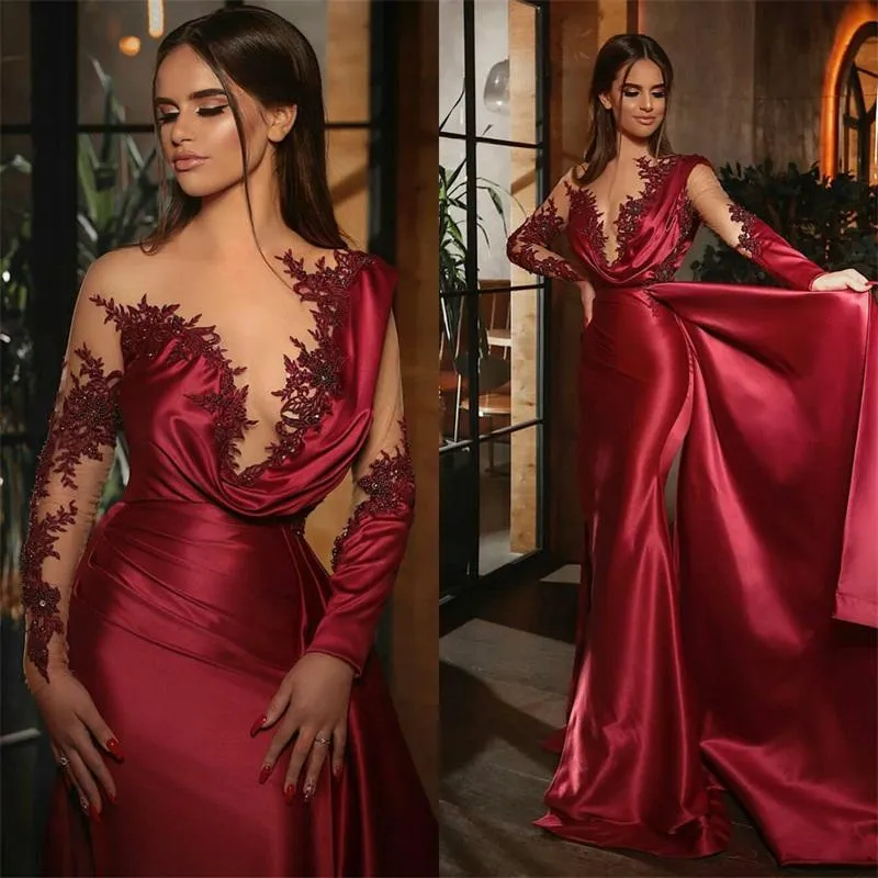 Chegada Nova Burgundy Mermaid Formal Sheer Partido Vestidos Sexy manga comprida Ruched Vestido de cetim Applique frisada Sweep Trem do partido do vestido