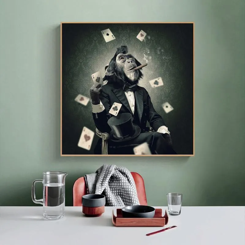 Fumar Pinturas Macaco lona em paredes frias Animais Ape Posters jogando cartas e Prints Pictures para a decoração Home