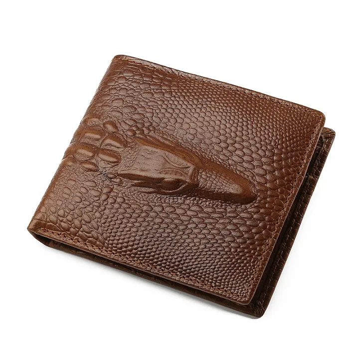 Mode court bifold porte-monnaie 3d peau de crocodile vintage marron hommes d'affaires en cuir véritable designer portefeuilles