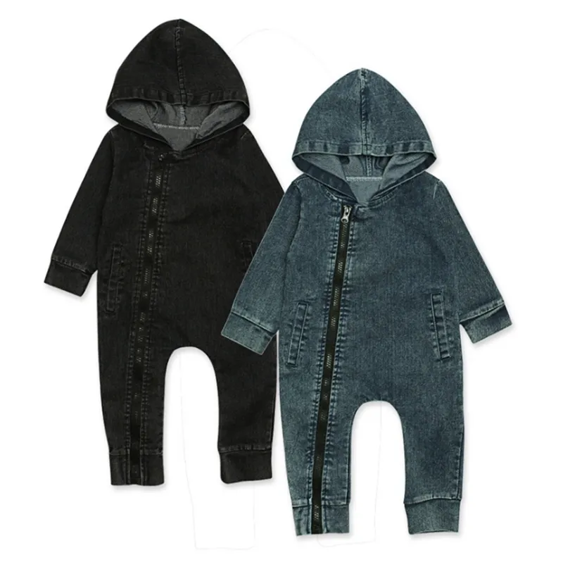 INS Baby Rompers Denim Baby Boy с капюшоном Комбинезоны с длинным рукавом для младенцев Девочка Bodysuits Zipper Новорожденные Эпикировка Детская одежда в черном Голубой DW4275