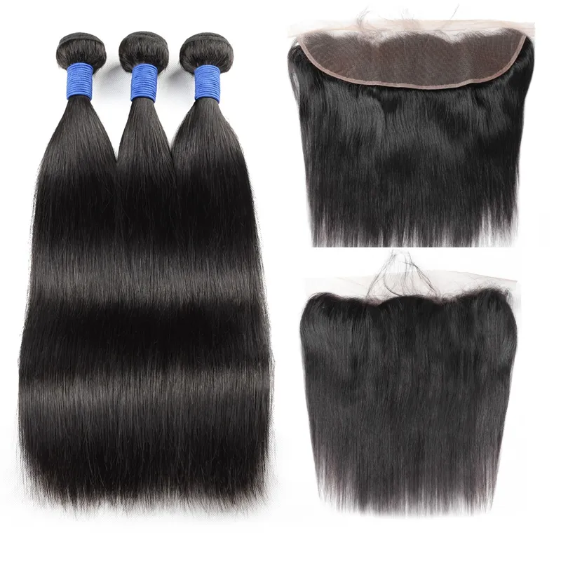 Ishow 10a Braziliaanse rechte 3 bundels WEKS met 13 * 4 Kant Frontale Sluiting Peruaanse Hair Extensions Maleisisch voor vrouwen Alle leeftijden 8-28 inch natuurlijke zwarte kleur