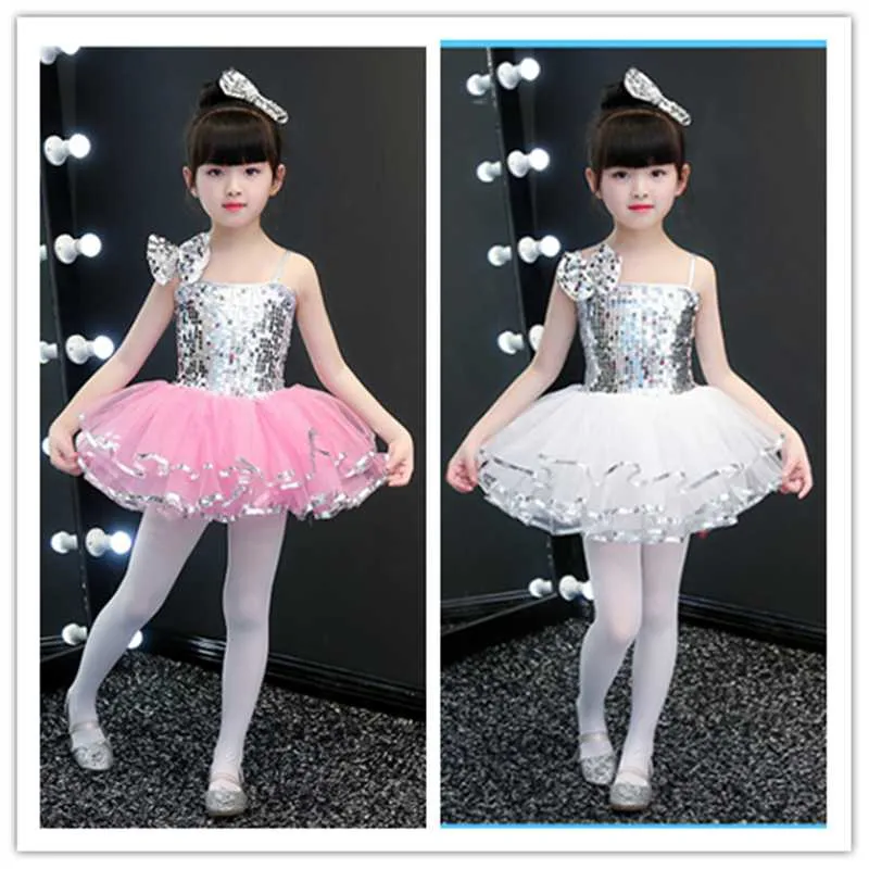 Niñas Jazz Baile moderno de los trajes Blanco Amarillo Rosa Lentejuelas Top Girls Dance Kids bailarina vestido de la danza de plata desgaste del niño