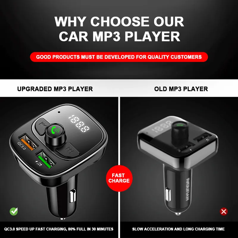 Car Bluetooth 5.0 Mp3 Player FM Transmitter Handsfree Audio Receiver 3.1A Dual USB Fast  Support TF/U Disk