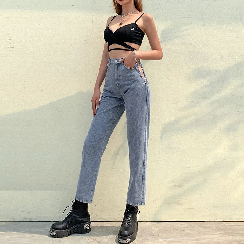 Fashion High Waist Jeans Femmes Harajuku Straight Jean Femme Streetwear Streetwear Chaîne Hollow Out Jeans Lady