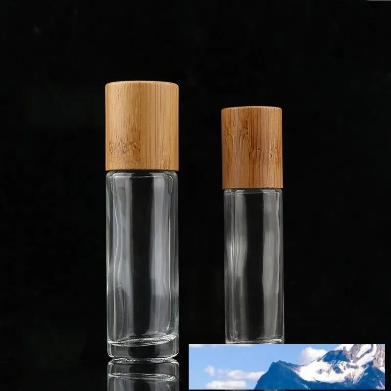 5ml 10ml difusor de óleo essencial rolo de vidro claro na garrafa com boné de bambu natural bola de rolos de aço inoxidável