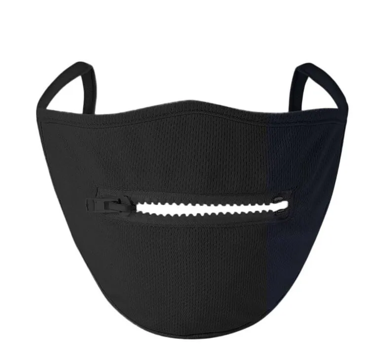 Real zipper face mask cotton washable reusable quick dry cloth Anti-UV face mouth cover easy to drink / smoking black white