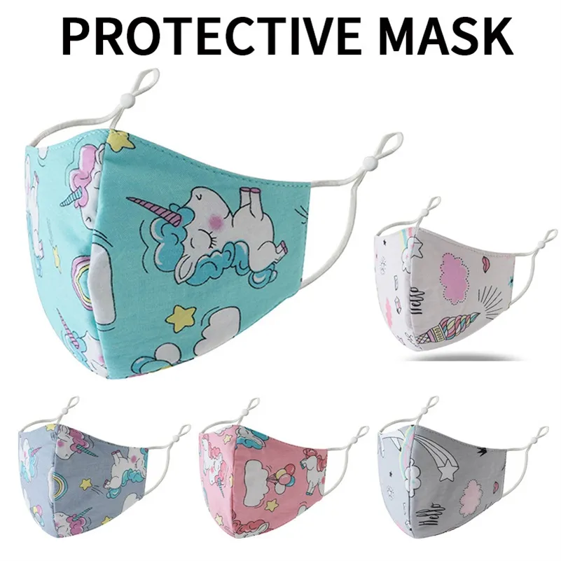 Rainbow Unicorn 3D Gedrukt Kids Designer Gezichtsmasker Verstelbaar Beschermend Masker Stof en Haze Ademend Gezichtsmaskers 5252