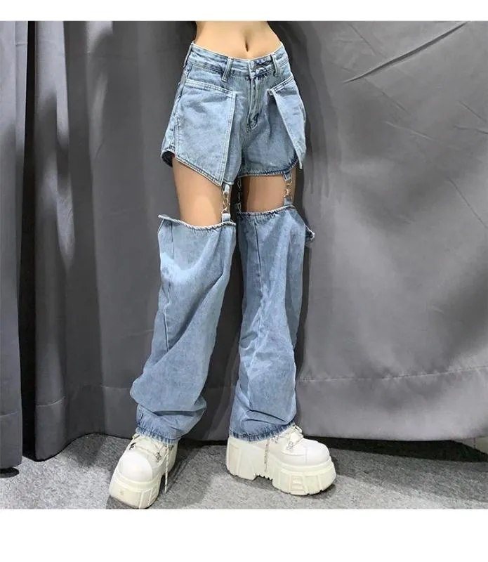 Women's Jeans High Street Women Splice Wide Leg Trousers Hip-hop Cotton Loose Retro Chain Removable Womens Denim Pants