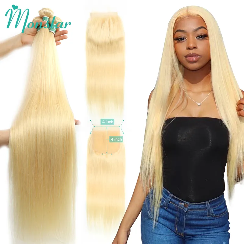 Monstar 613 Blonde Bundle with 5x5 Lace Closure Peruvian Straight Remy Human Hair 28 30 32 34 36 Inch 3 Bundles with 613 Closure