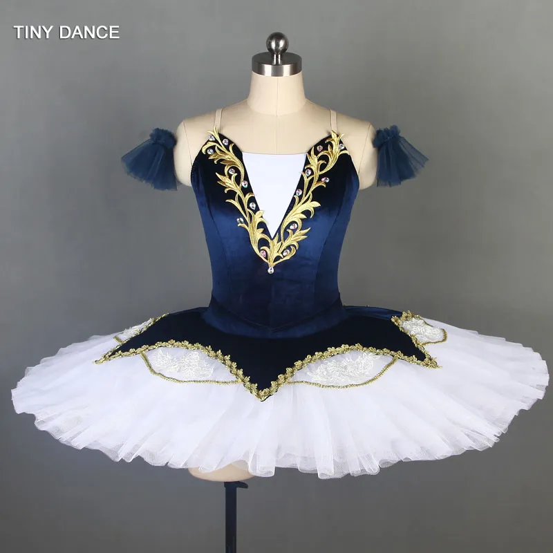Bühnenkleidung Marineblaues Samt-Mieder mit 7 Schichten plissiertem Tüll-Pfannkuchen-Tutu Professionelles Ballett-Tanzkostüm für erwachsene Mädchen BLL079