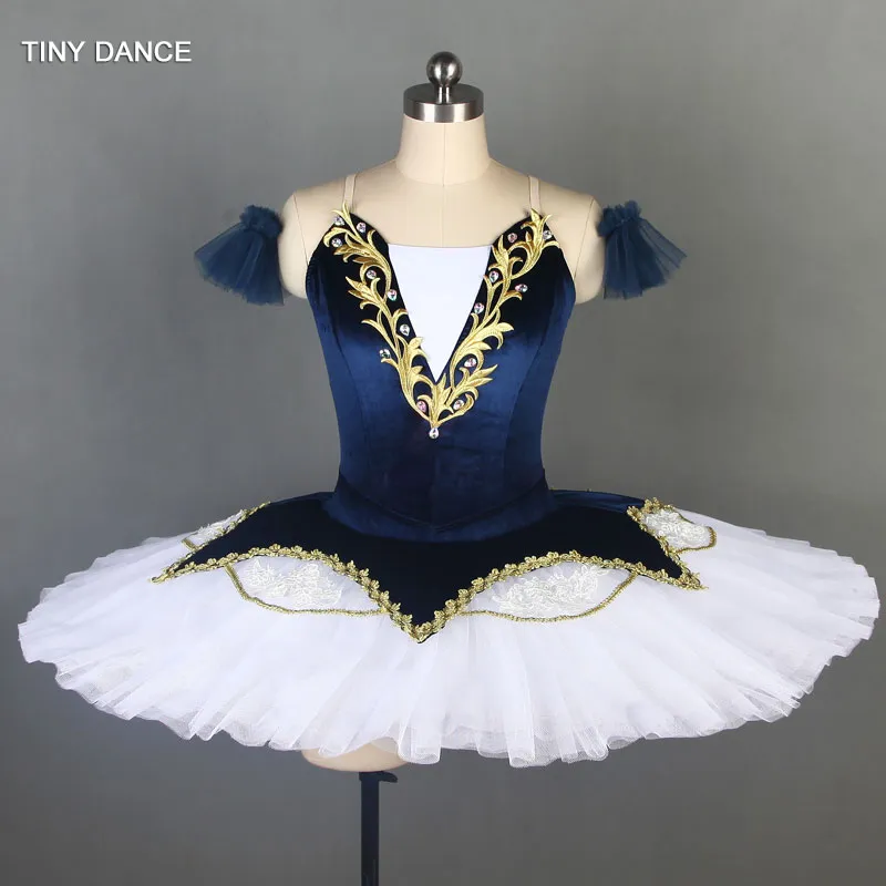 Stage Wear Corpetto in velluto blu navy con 7 strati di tulle pieghettato Pancake Tutu Costume da ballo professionale per ragazze adulte BLL079