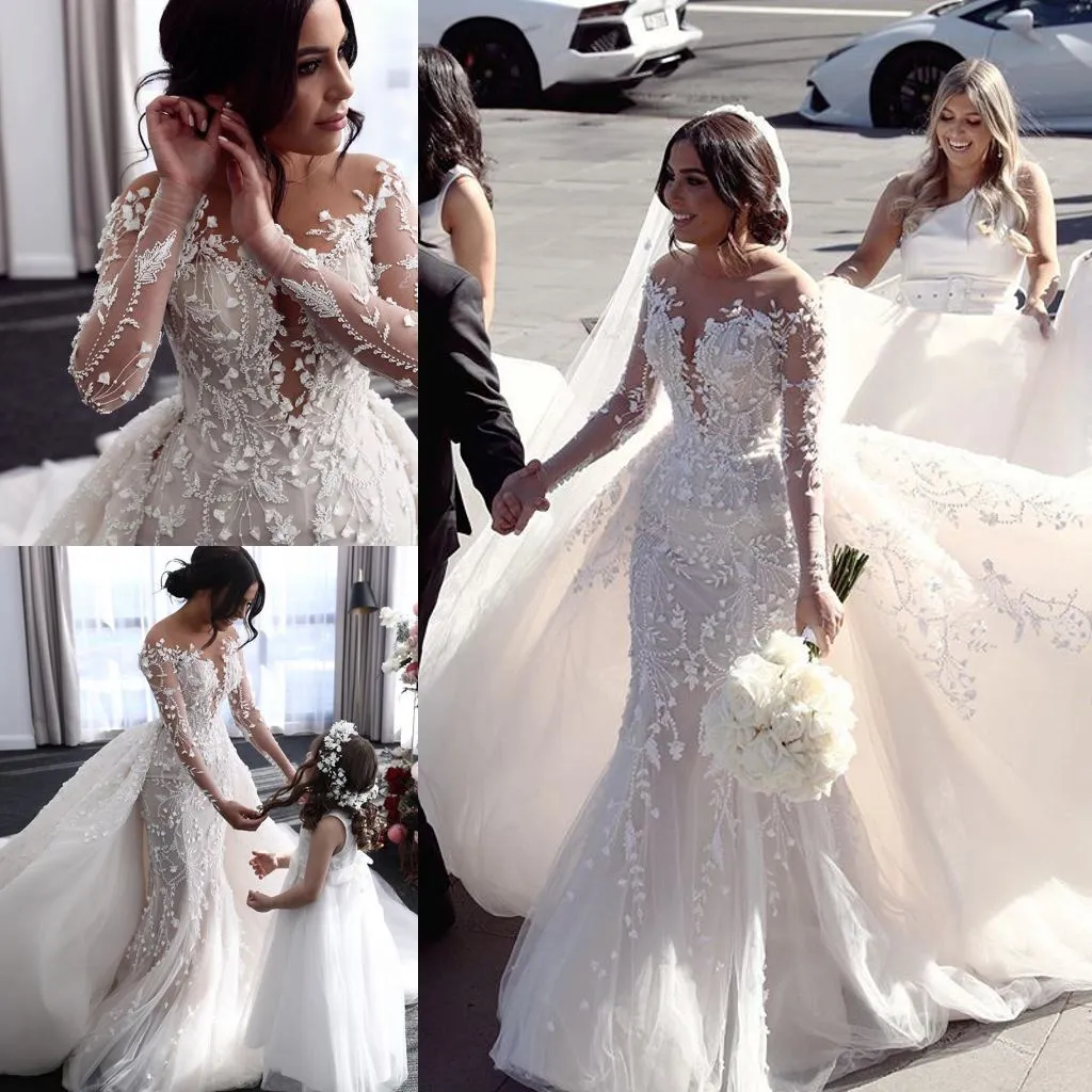 2020 Luxurious Wedding Dresses Long Sleeves Appliques Lace Mermaid Bridal Gowns Custom Made Detachable Train Wedding Dress robes de mariée