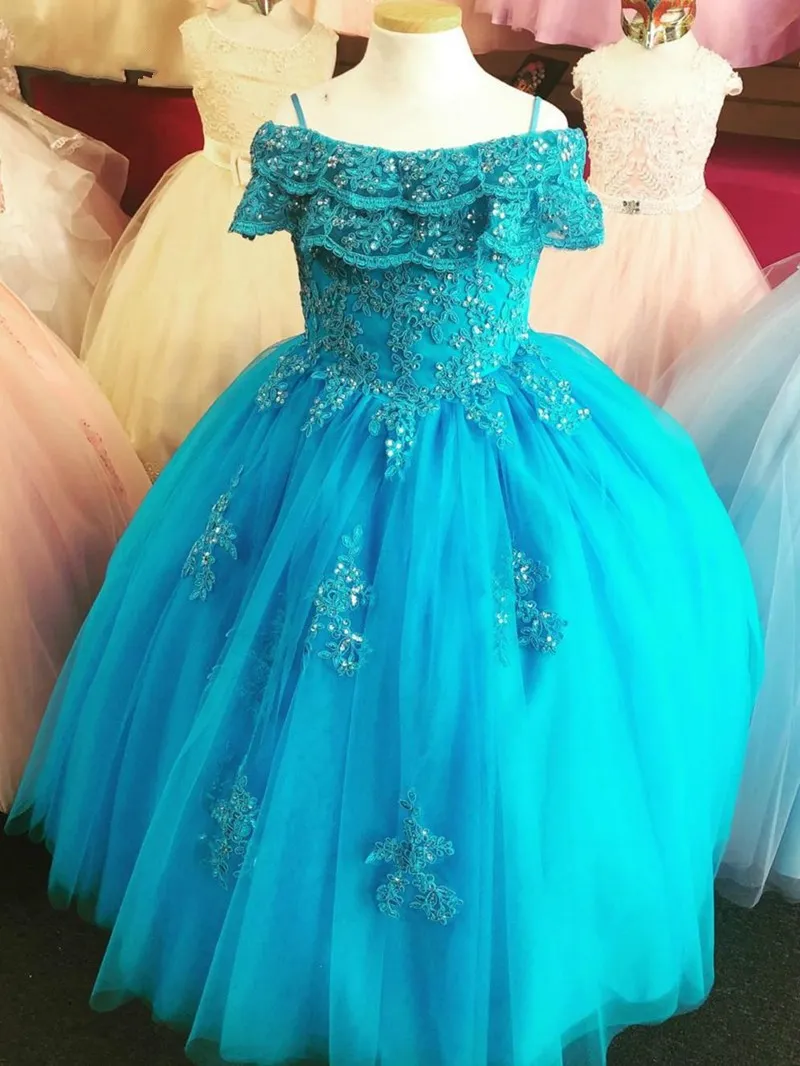 Türkis Schulterfreies Erstkommunionkleid 2021 Prinzessin Boho Ärmel Spitze Perlen Blumenmädchenkleid für Hochzeit Festzug Party Kinder