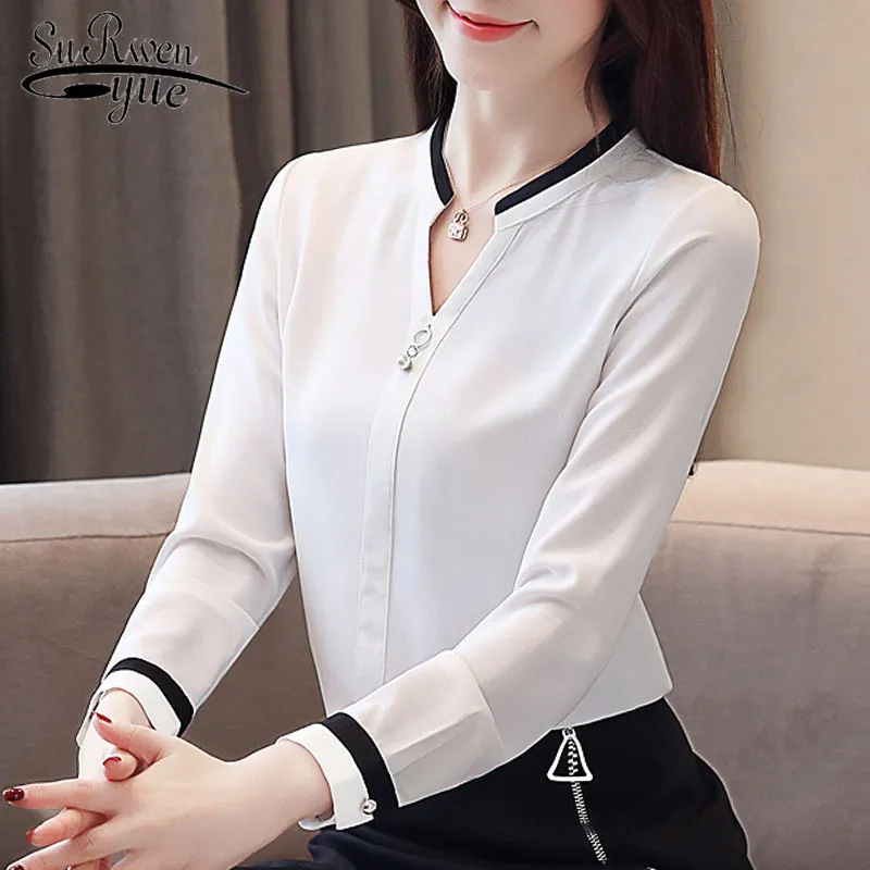 Blusas Mujer De Moda 2019 Tops Y Blusas Para Mujer Camisas Blusa De Gasa Con Cuentas Camisas Blancas Con Cuello En V Solido Tops Para Mujer 50 T200321 De 9 58 DHgate