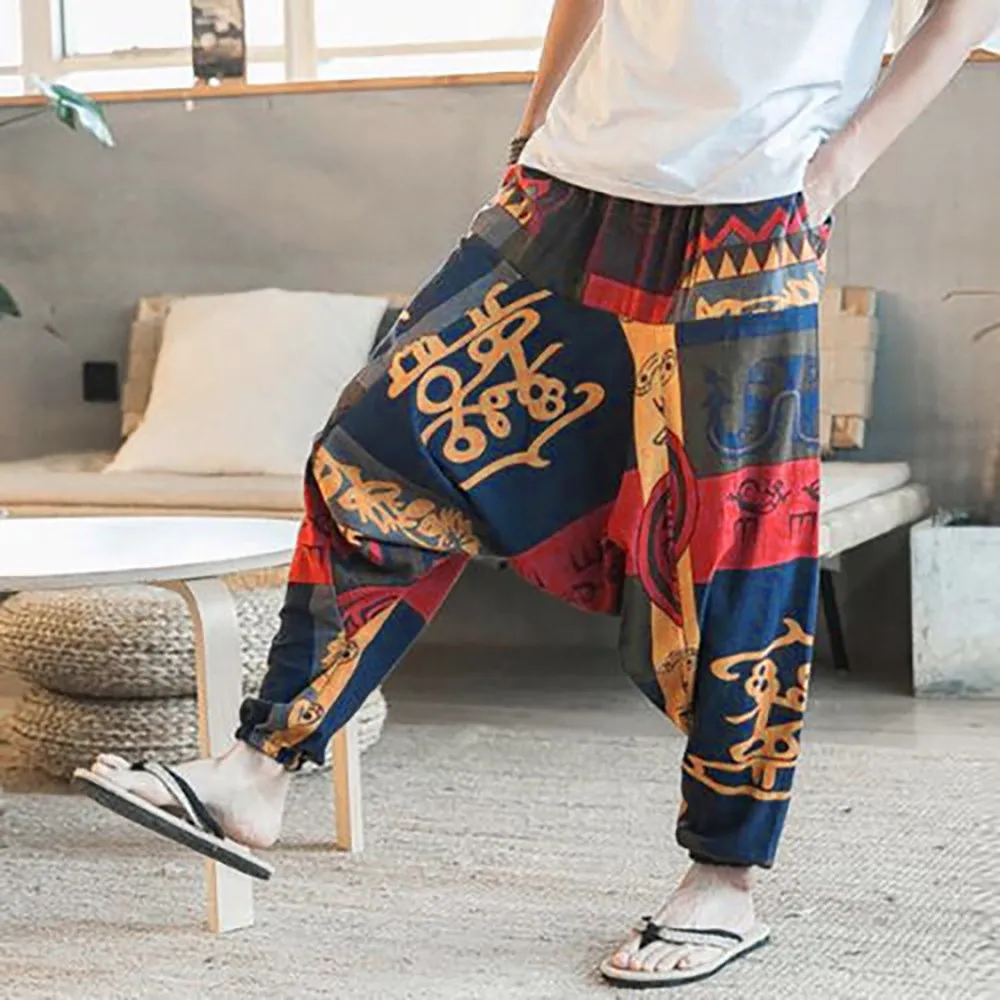 Moda nova masculina hip-hop linho solto calças do nepal treinamento ao ar livre casual bloomers calças geométricas tamanho S-XL288s