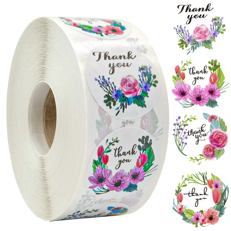 500 pz/rotolo Floreale Grazie Adesivi 1 pollice Rotondo Fiore Sigillo Etichetta Fatta A Mano Scrapbooking Busta Sigillo di Cancelleria Adesivo