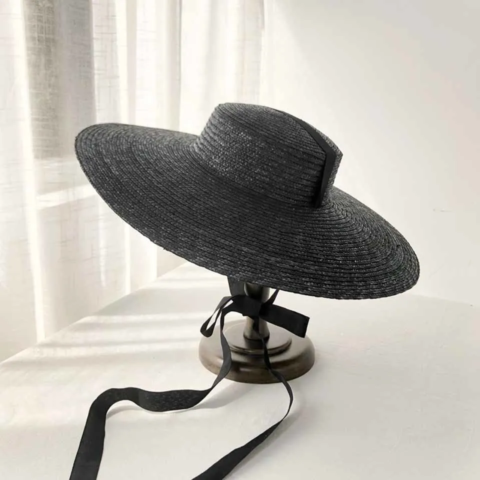 Grote rand tarwe stro hoed zomer hoeden voor vrouwen 10 cm / 15cm / 18 cm rand met blackwhite lint strand cap watertje platte zon hoed y200716