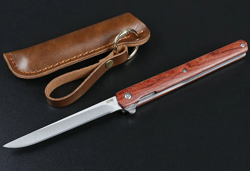 Röd Flipper Folding Kniv 440c Tanto / Drop Point Satin Blade Rosewood Handtag Kullager Knivar med lädermantel
