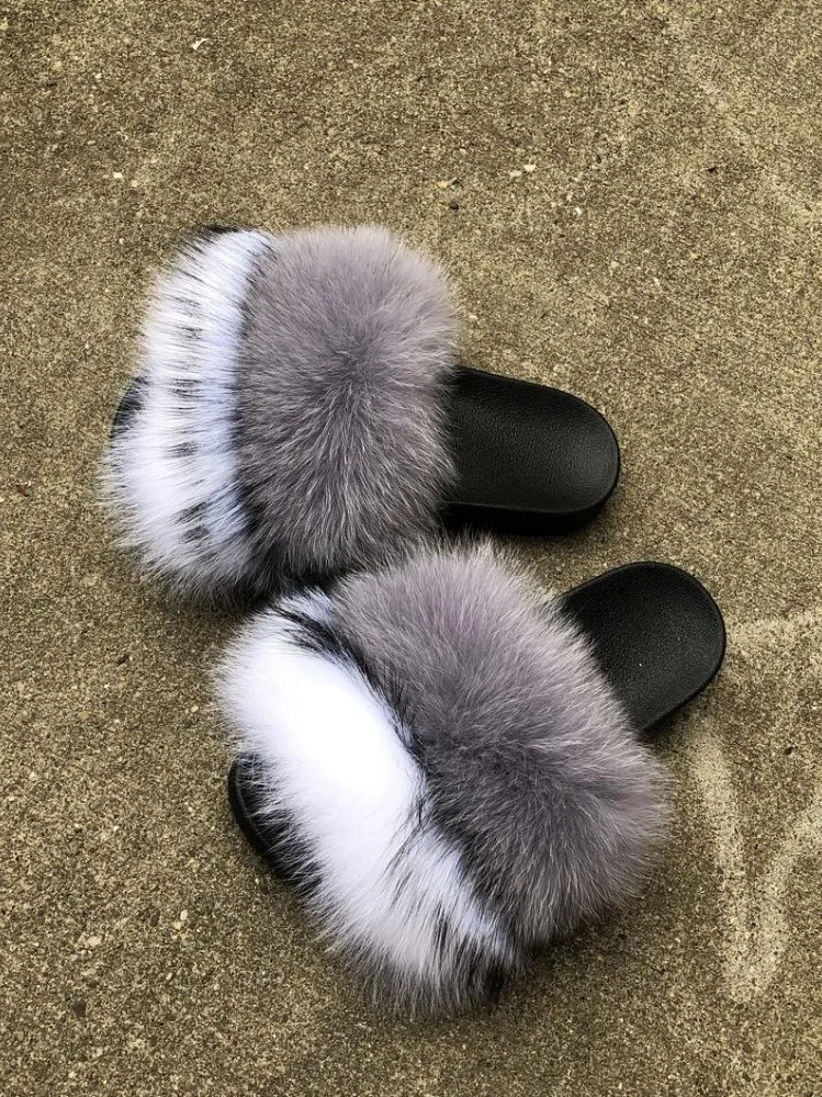 Fashion Real Raccoon Fur Slippers Slides Summer Flip Flops Casual
