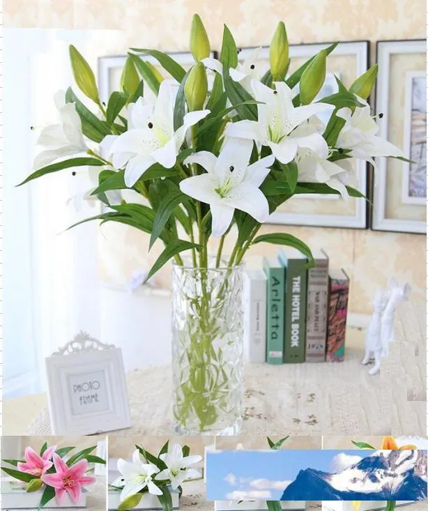 Lily Tre Heads Charmig Plast Lily 29 tum Konstgjord Blomma Hem Bröllopsfest Inredning Silk Blom- Dekoration Bouquet sf0303