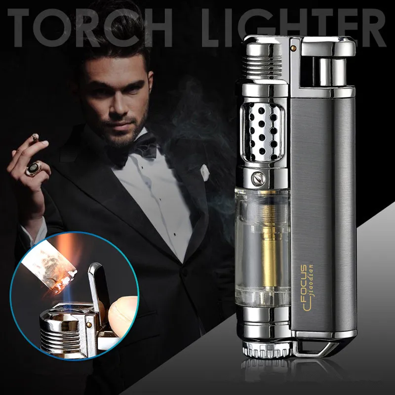 Widoczne okno gazowe Latarka Lżejsza Jet Butane Metal Turbo Lighter Portable Spray Pistolet 1300 C Wiatroszczelne gadżety do rur dla mężczyzn