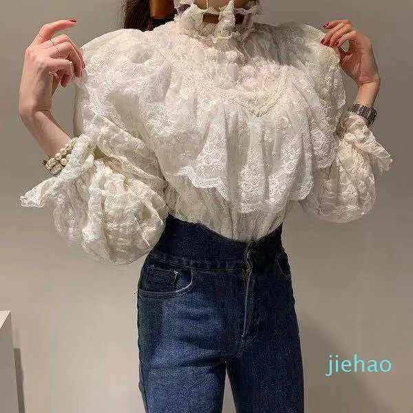 Fashion- White And Black Lace Crochet Runway Tops Women blouses 2020 Fashion Long Sleeve White Ruffles Shirt Blouses camisetas blue