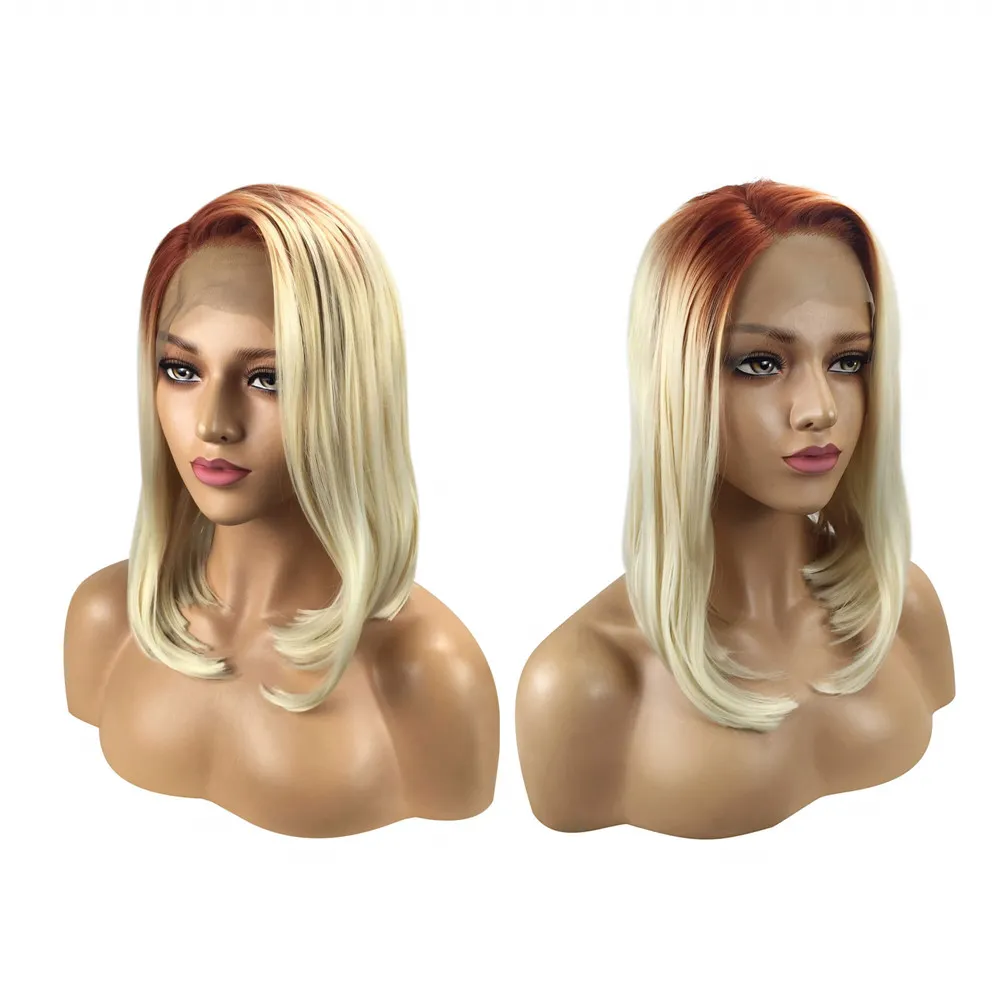Belle blonde 14 pouces courte Micro tresse perruque africaine tressée perruque longue ligne droite cheveux synthétiques marley Synthétique Dentelle frontale perruque Colorée