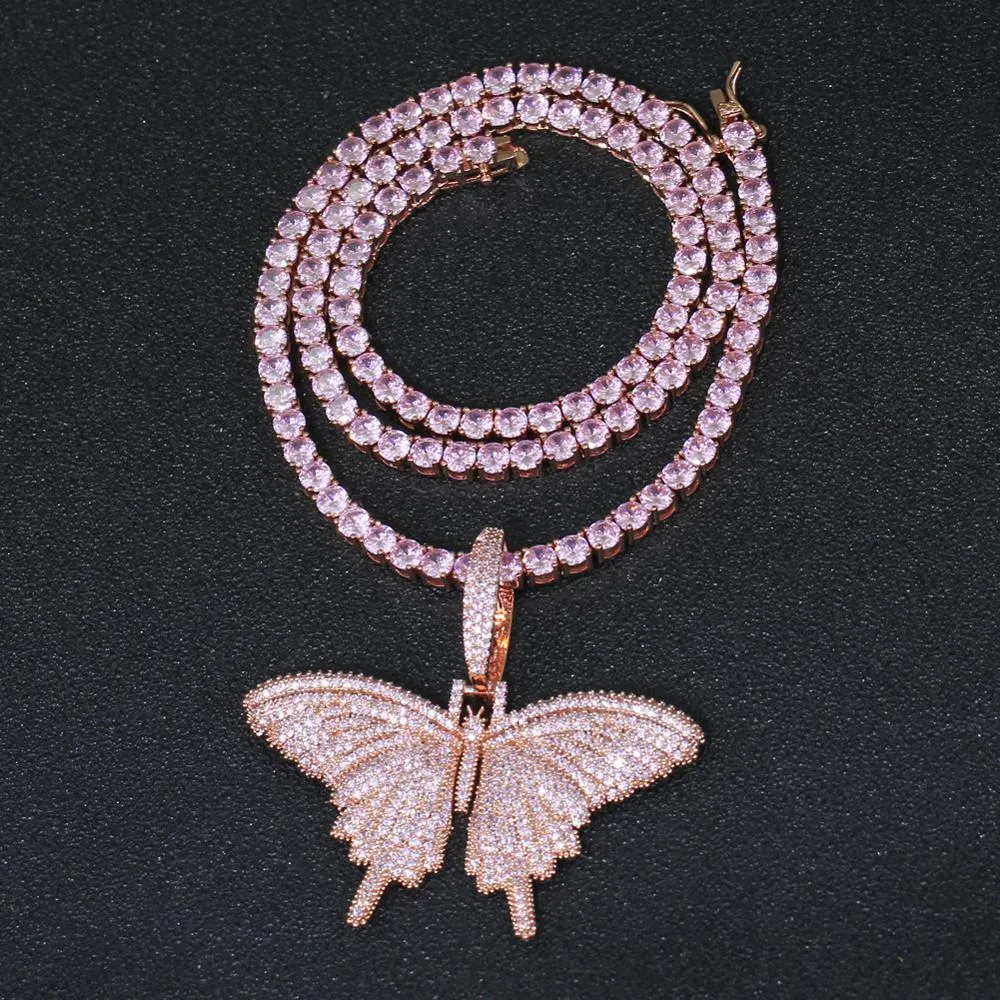 Colgantes de mariposa rosa de oro rosa, collar de mujer, collar de Hip Hop para hombre, regalo de joyas de fiesta CN165B