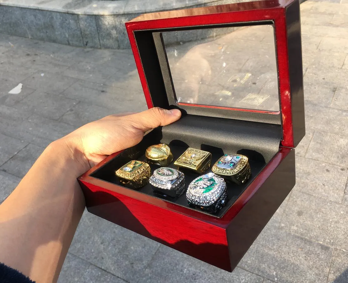 6 stuks Team Champions Kampioenschap Ring Set Met Houten Doos Souvenir Mannen Fan Gift 2020