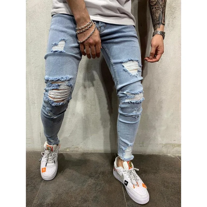 Moomphya en détresse déchiré trous jean moulant hommes Streetwear mince hommes jean 2020 Denim pantalon Hip Hop pantalon Blue182W