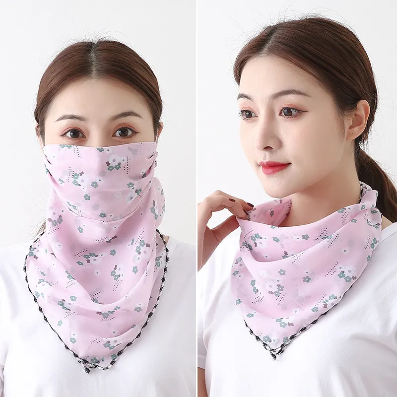 Women Silk Scarves Pareo Sarong Sunscreen Wraps Summer Floral Face Mouth Mask Turban Beach Driving Scarf Sea Chiffon Neckchief