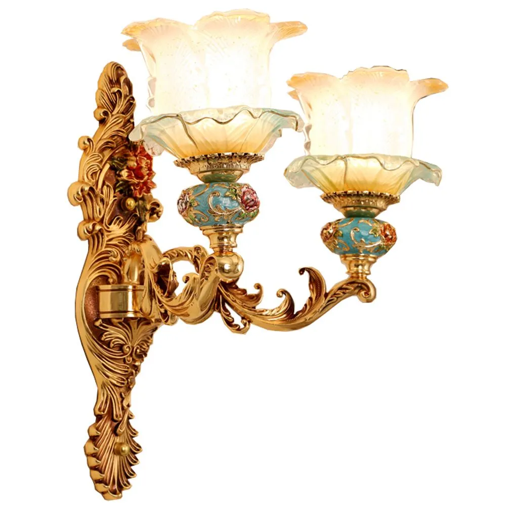 Esculpido de luxo europeu rústico liga de zinco Sala Wall Light Stair Flor de vidro Caso Sombra Espelho frontal Quarto cabeceira Lâmpada de parede Corrid