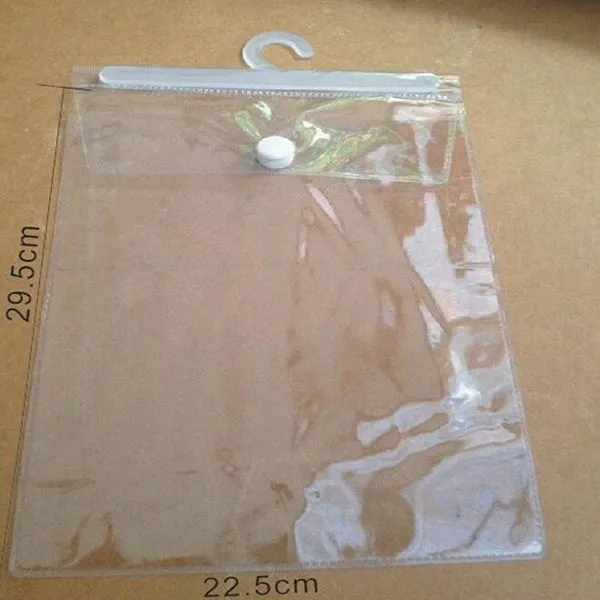 wholesale 200Pcs 22.5 29.5cm Transparent waterproof PVC Storage Bag With Hanger Plastic Packaging Button Seal Bag Clothes Scarves Hook Bag