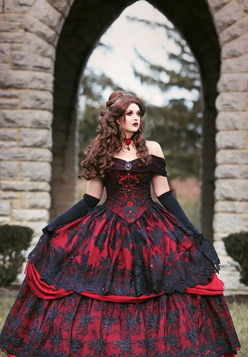 Vintage Red and Black Lace Off-Shoulder gothic wedding dresses with Laces-Up Corset, Strapless Tiered Design, and Plus Size Option - 2020 Beauty Vintage Red and Black Lace Off-Shoulder gothic wedding dresses with Laces-Up Corset, Strapless Tiered Design, and Plus Size Option - 2020 Beauty