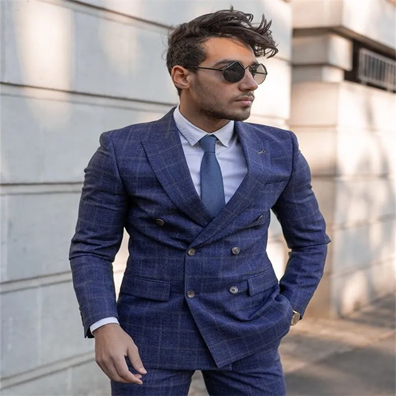 Traje a cuadros azul claro para hombre, traje de 2 piezas para