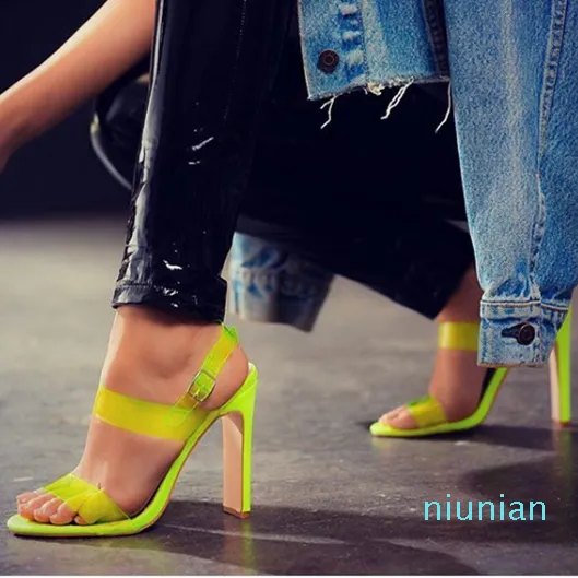 Fashion-Trendy fluorescent yellow clear PVC transparent high heels designer gladiator sandals size 35 To 40